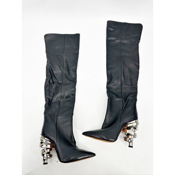 Keeyahri Zerina Silver Ribbon Heel OTK Boots Black Leather 36.5 - Picture 2 of 10